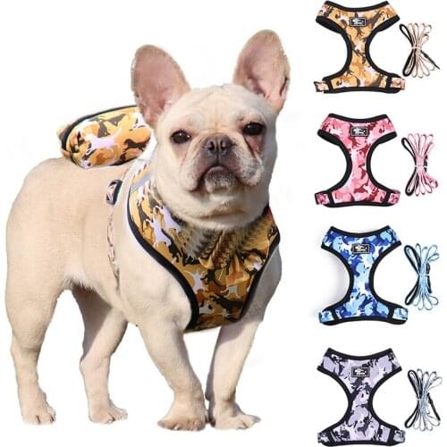 4-in-1 Dog Vest Harness Led Leash Bow Collar Poop Bag Set Camouflage Comfortable for French Bulldog Chihuahua Accessories