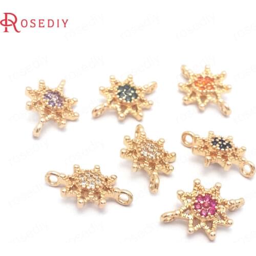 10PCS 10x14MM 24K Champagne Gold Color Brass and Zircon 2 Holes Sunflower Connect Charms Pendants Jewelry Making Supplies