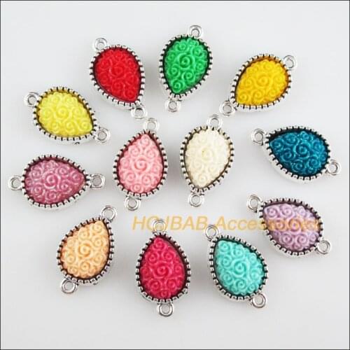 12 New Flower Charms Tibetan Silver Tone Retro Mixed Teardrop Resin Connectors 13x23mm