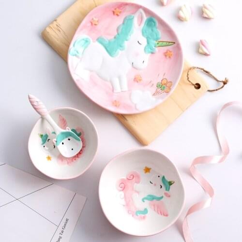 4pcs/set Cartoon Animal Dinnerware Ceramic Dinner Plates Rice Bowl Salad Bowl with Spoon for Kids Unicorn Gift Box Pink/Blue