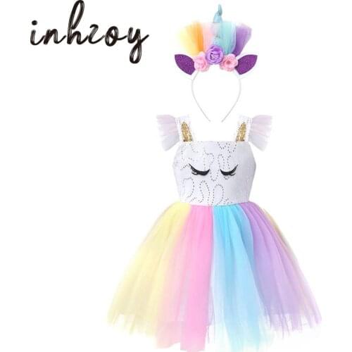 90-130 Kids Girls Cosplay Costume Princess Birthday Halloween Party Gift Robe Rainbow Mesh Tutu Dresses Flower Hair Hoop Outfits