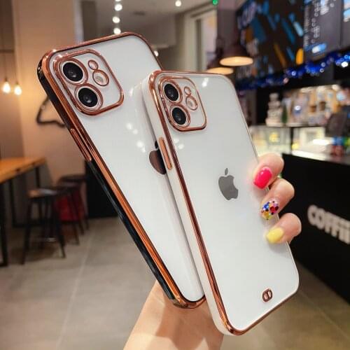 For iPhone 12 Pro Max Case Luxury Plated Square Electroplated Lens Protector Clear Cover For iPhone 7 8 Plus XR XS X Silicone