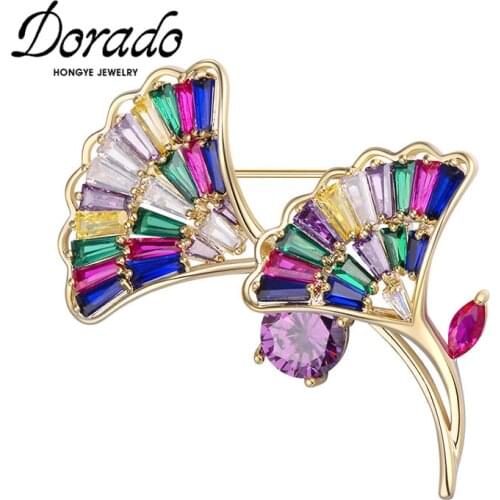 Dorado Retro Colorful White Zircon Double Ginkgo biloba Brooches For Women Hollow Metal Party Clothing Jewelry 2020 Sale Hot