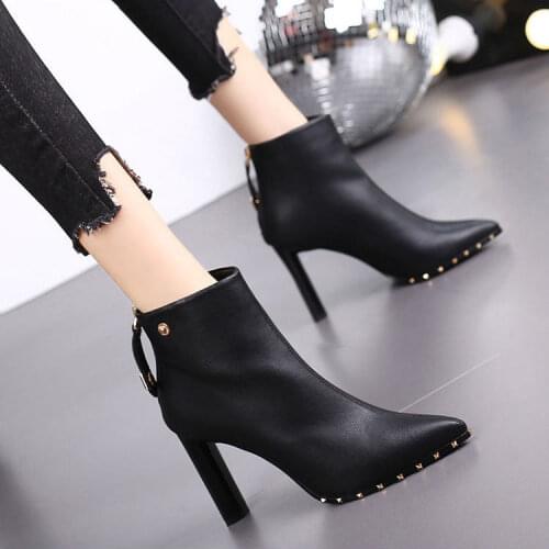 Short Boots Women Shoes 2021 New Autumn and Winter Thin Heel Shoes Sexy Black Stiletto Pointed High Heels Mart Boots