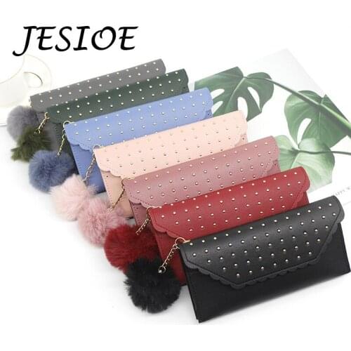 Wallet Women Long Cute Wallet Leather Rivet Clutch Ladies Luxury Black Wallets Zipper Money Purses Female Fur Ball Card Holder