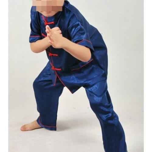 Boy blue kung fu Tang suits kids tai chi uniforms martial arts performance short-sleeve clothing sets summer