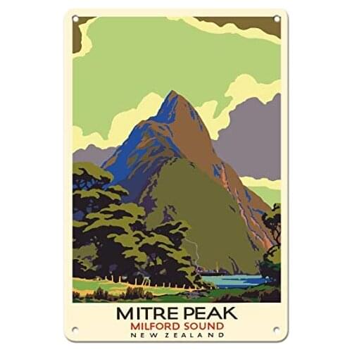 Mitre Peak (Māori Rahotu) - Milford Sound - New Zealand c.1930s Metal Tin Sign