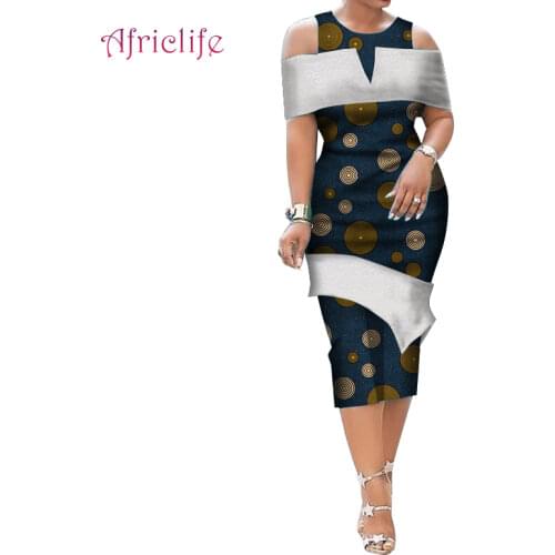 Dashiki Print Fashion Sexy Women Clothing O-Necklace Empire Mid-Calf Skirt with Lace 2021 African Dresses for Women WY4676