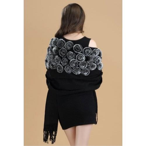 New Arrival Black High Quality Womens 100% Wool Rabbit Fur Rose Pashmina With Fine Tassel Thick Shawl Scarf Warm 112802