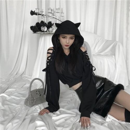Leixin original dark girl strapless strap cat ear hooded sweater autumn and winter plus velvet new Halloween limit