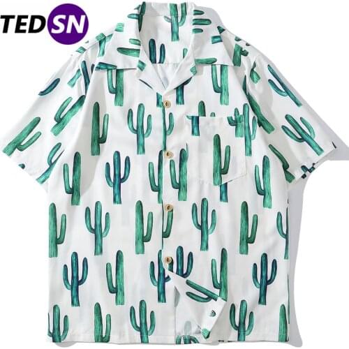 Aelfric Eden Hip Hop Cactus Print Shirt Men 2020 Summer Harajuku Oversize Loose Short Sleeve Hawaii Shirts Tops Streetwear Black