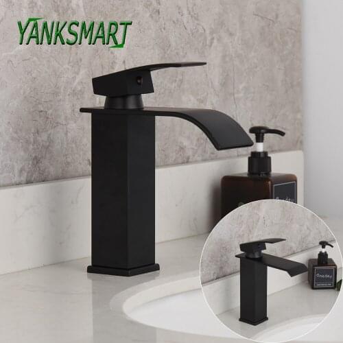 YANKSMART Matte Black Waterfall Spout Bathroom Faucet Single Handle Single Hole Basin Sink Deck Mount Faucet Washbasin Mixer Tap