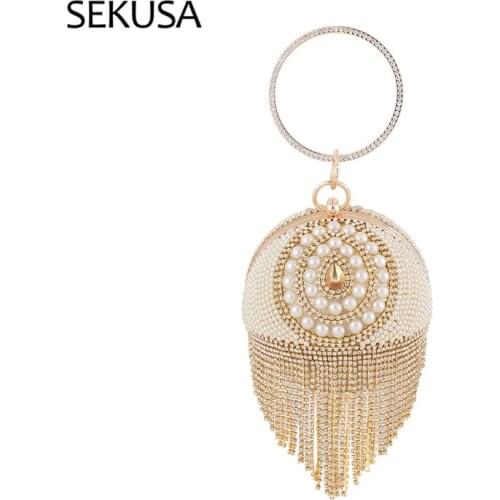Beading Party Handbags With Diamonds Tassel Ball Design Small Day Clutch Rhinestones Evening Bags Lady Purse