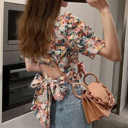 Vintage Puff Slevee Floral top Summer short sleeve Square Collar Women Short Designer Tops Casual Korean Backless Clothing Ladie