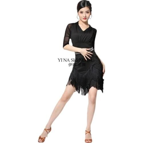 New Women Dance Clothes Salsa Samba Dancewear Mesh Tassels Latin Dance Performance Dress Pearl Belt Shorts Half Sleeves Spandex