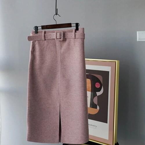 Winter Pink Woolen Skirts High Waist Lady Office Midi Skirts Front Split Elegant faldas 2019 Streetwear 2810