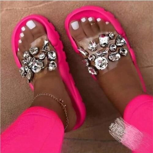 Womens Summer Slippers Rhinestone Decoration Bright Color Fashion Soft Slippers Casual Leaky Open Toe Beach Outdoor Shoes