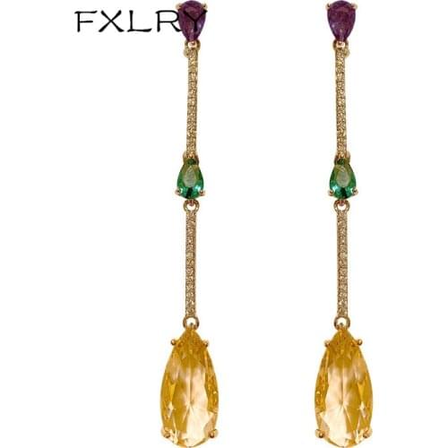 FXLRY New Candy-colored drop-shaped colored zircon long fringe French earrings for women Jewelry