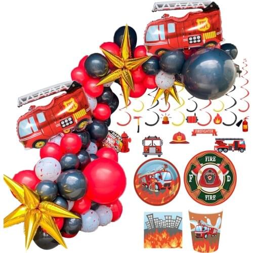 1 Set Fire Truck Balloons Firefighter Theme Decoration DIY Spiral Ornaments Disposible Tableware Kids Birthday Party Supplies
