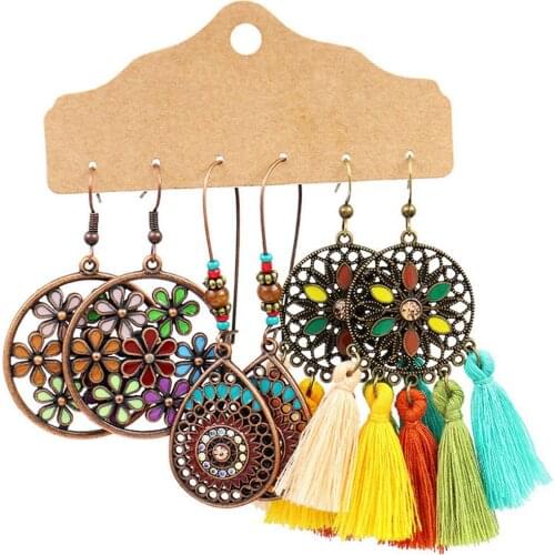 3Pairs/Set Bohemian Women Tassel Geometric Dangle Hook Earrings Vintage Wedding Party Jewelry Decor Hand-woven Accessories