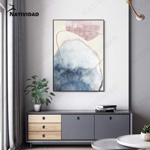 Abstract Blue Watercolor Canvas Prints Painting Golden Lines Poster Room Decoration Accessories Modern Art Home Decor Loft