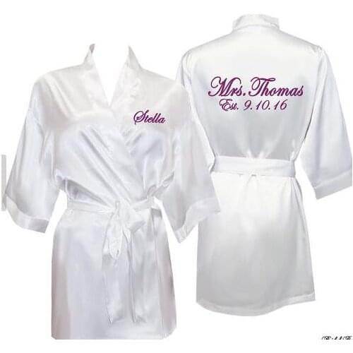 Personalized name date printed wedding Bride Bridesmaid satin pajamas robes bridal shower kiminos gifts party decorations