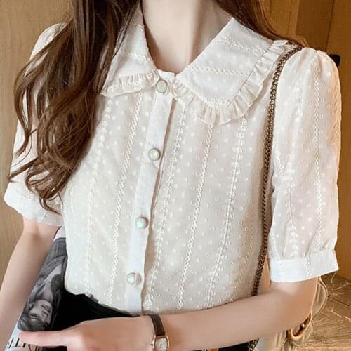 Blouse Women Blusas Mujer De Moda 2021 Verano Short Sleeve Lace Embroidery Chiffon Blouse Shirt Tops Women Blouses Femme E846