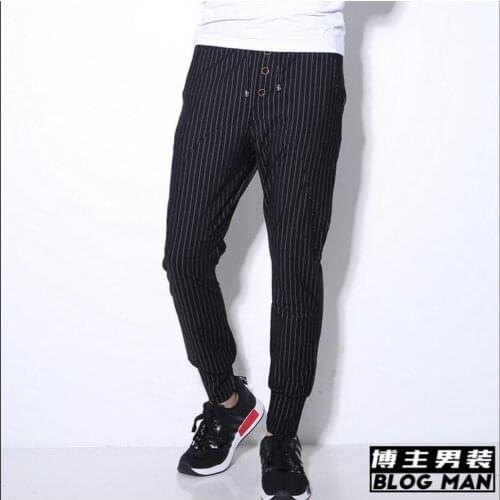 Summer Mens Casual Trousers Pencil Pants Black Striped Harem Pants Fashion Hairstylist Beam Pants Elastic Waist Cotton Pants