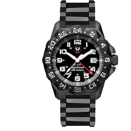 Hnlgnox Mens Diver Watches Pilot Tritium Watch T25 Luminous Sport Military 200M Waterproof Quartz Wristwatch Black Steel Strap