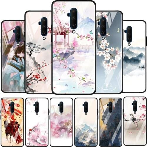 Chinese Style Scenery Tempered Glass Cover For OnePlus Z 7 8 9 7T 8T 9R Nord 5G Pro Silicone Phone Case Coque