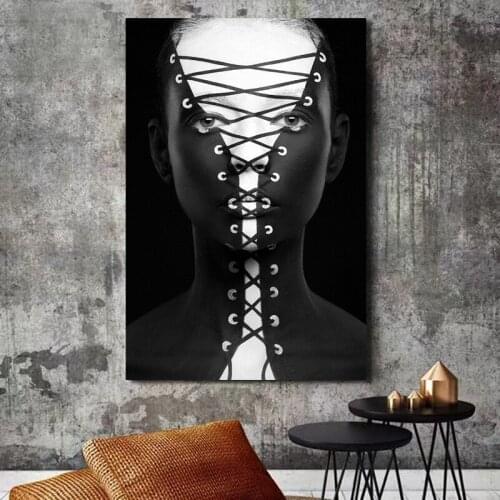 Black and White Lace shape Face Oil Painting on Canvas Posters and Prints Wall Art Portrait Girl Pictures for Living Room Decor