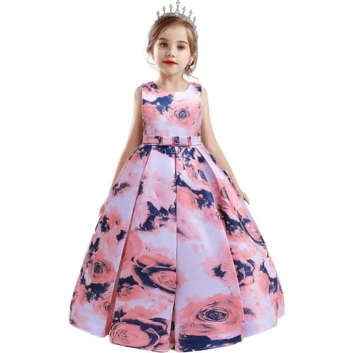 Costume Flower Printing Bow Long Dress Girls Childrens Princess Performance Birthday Evening Festival Party Dress