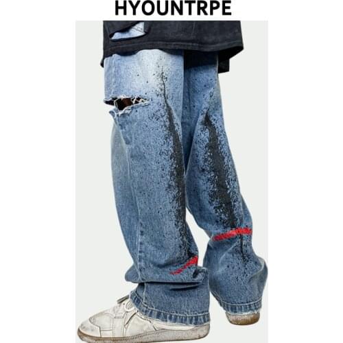 Fashion Side Ripped Holes Denim Pants Men Casual Back Graffiti Printed Streetwear Jean Trouser New Long Pant Jogger Casual Jeans