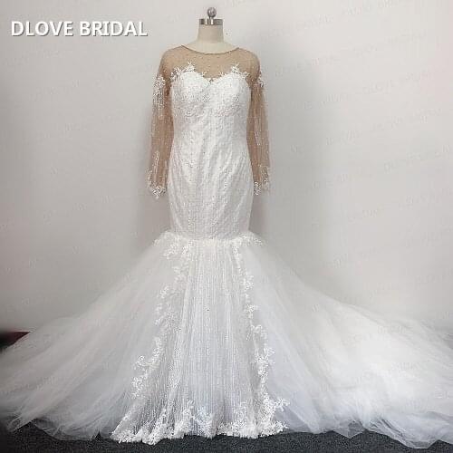 Illusion Wedding Dress Unique Back Shinny Lace Bridal Dresses with Long Sleeves Factory Custom Made Real Photo Gown