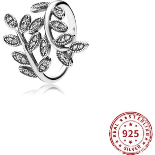 Real 925 Sterling Silver Pandoa Ring Shining Leaves Crystal Rings For Women Wedding Party Gift Jewelry 2021