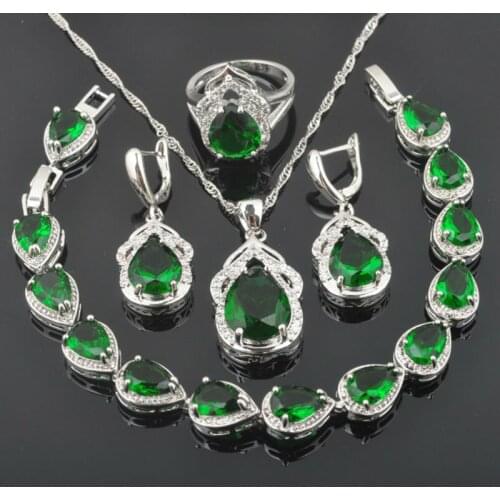 Amazing Green Crystal Silver Plated For Women Jewelry Sets Zirconia Bracelet Necklace Pendant Earrings Ring Free Gift Box QS0309