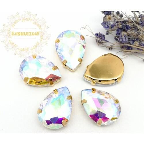 Crystal AB Water drop shape Glass Crystal sew on rhinestones with GOLD four claw Diy Clothing accessories Free shipping