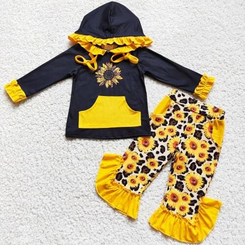 Hot Sale Kids Designer Clothes Girls Hoodies Sets Toddler Baby Girls Clothes Fashion Sunflower Fall Kids Boutique Clothing Sets