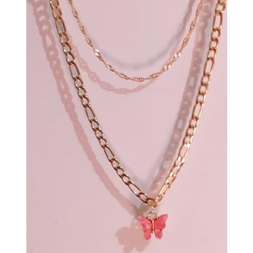 Fashion Women Double Layer Figaro Chain Chokers Necklaces Party Jewelry Colorful Butterfly Pendant Statement Necklace for Women