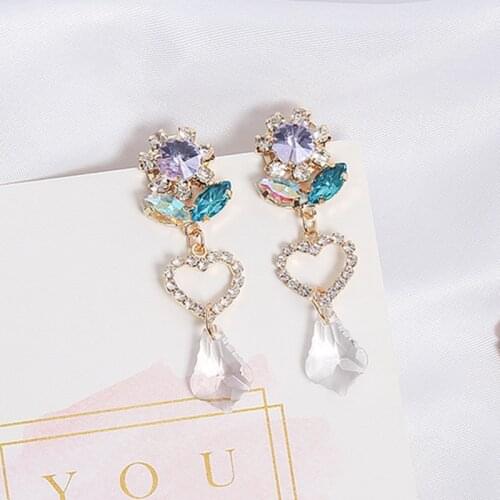MWSONYA New Korean Colorful Flower Crystal Water Drop Dangle Earrings for Women Girls Fashion Heart Temperament Party Jewelry