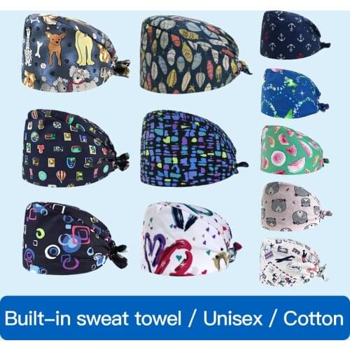Wholesale Breathable cartoon Anima printing Bandage Scrubs hat pet shop Beautician cute hats laboratory men and women Scrub cap