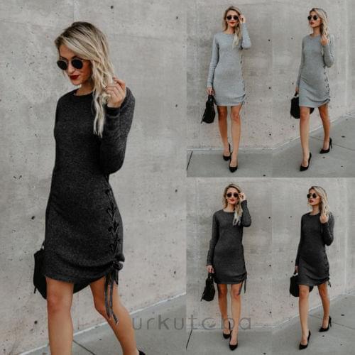 Autumn New Women Casual Long Sleeve O Neck Bandage Bodycon Evening Party Short Mini Dress