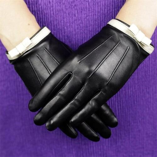 Genuine Leather Gloves Female Fashion Butterfly Knot Sheepskin Gloves Plus Velvet Thicken Black Womans Gloves DQ106