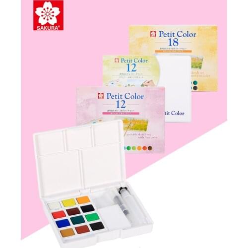 SAKURA Mini Portable Travel Solid Pigment 12/18 ColorsWith Water Color Brush Pen for Painting Art Supplies Painting Supplies