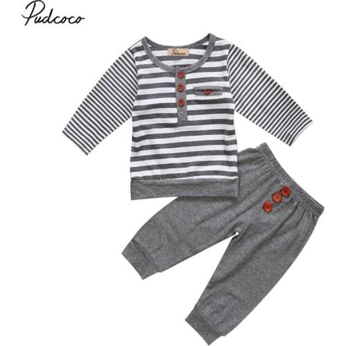 Pudcoco kids like soft Baby Girl Boy Casual Clothes stripe fastener pullover Tops T-shirt + Pants cotton nice Outfits home Set