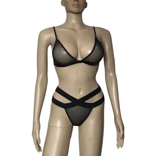 Sexy Women Sheer Mesh Bikini Lingerie Set Push Up Demi Cup Bra See-through Crotch Tanga Underwear