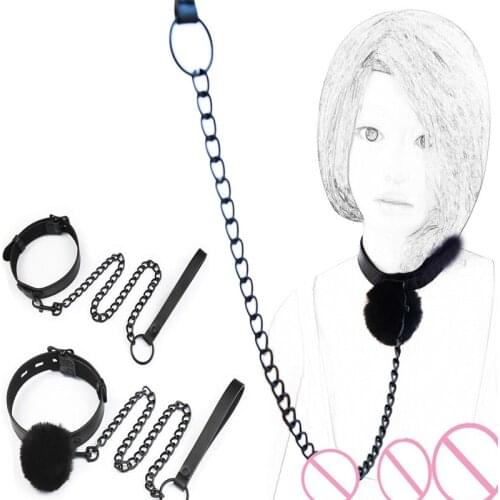 Sex Slave Neck Collar With Hairball Iron Chain Leash PU Leather BDSM Bondage Sex Posture Collar Adult Game Sex Toys For Women