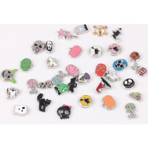 Random Mix Halloween Floating Charms Enamel Skull Black Cat Witch Charms for Floating Memory Living Glass Lockets Dropshipping