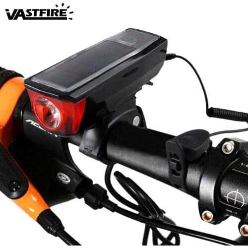 USB Rechargeable Solar Power Bike Light with Bicycle Horn 350 lm XM-L T6 LED Front Cycling Light Waterproof Headlight