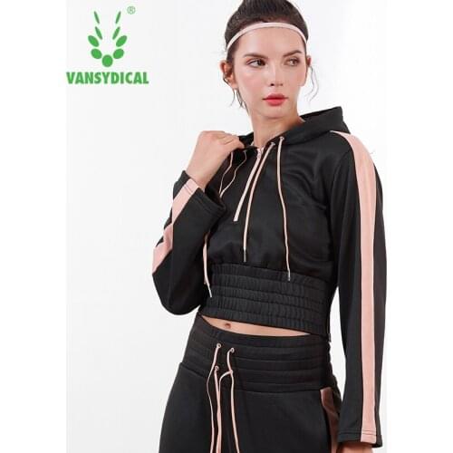 Vansydical Autumn Winter Sports Hoodies Womens Gym Yoga Tops Long Sleeve Loose Exposed Navel Fitness Workout Pullovers